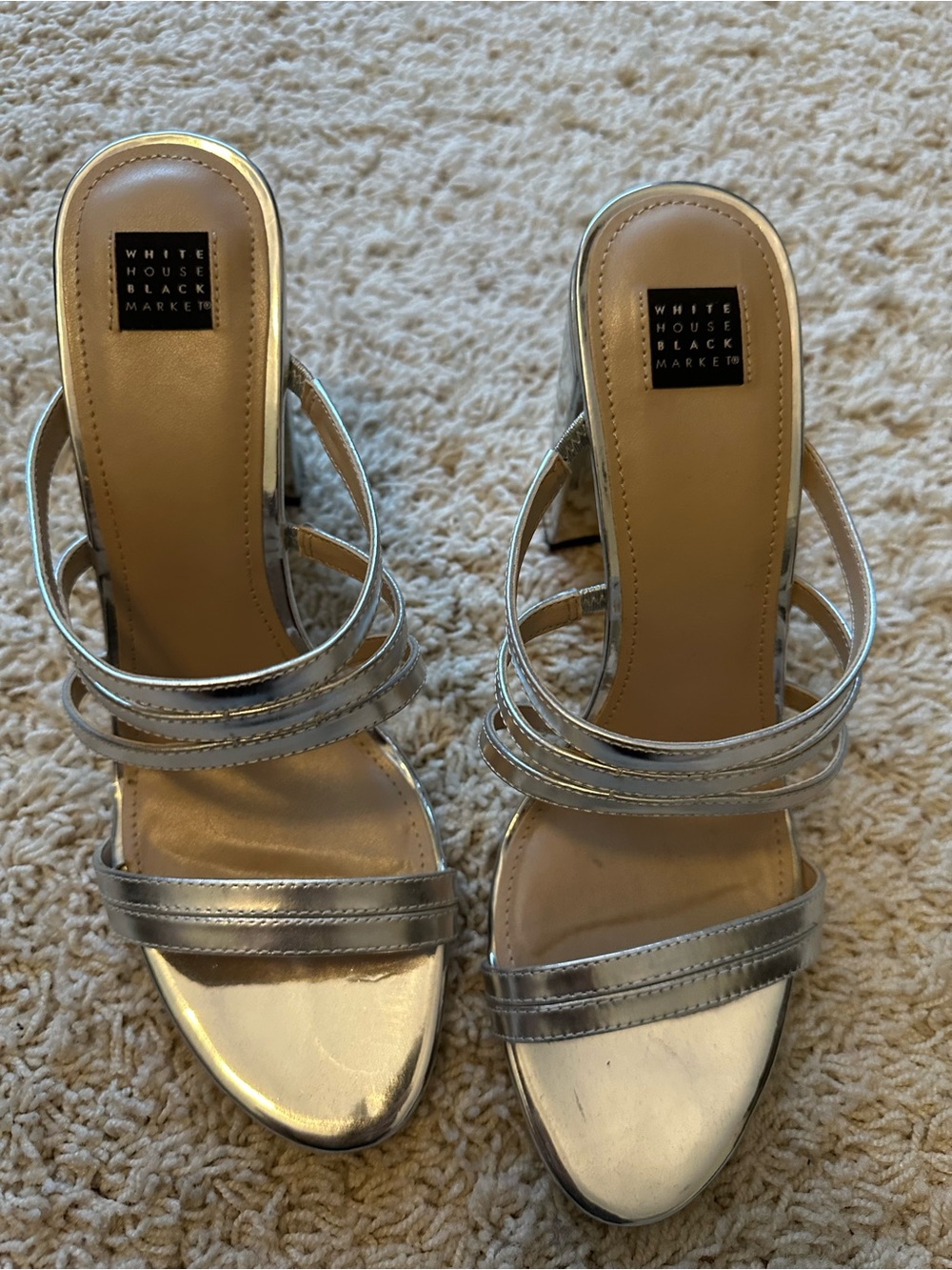 White House Black Market Metallic Silver Strappy Slide Heels
